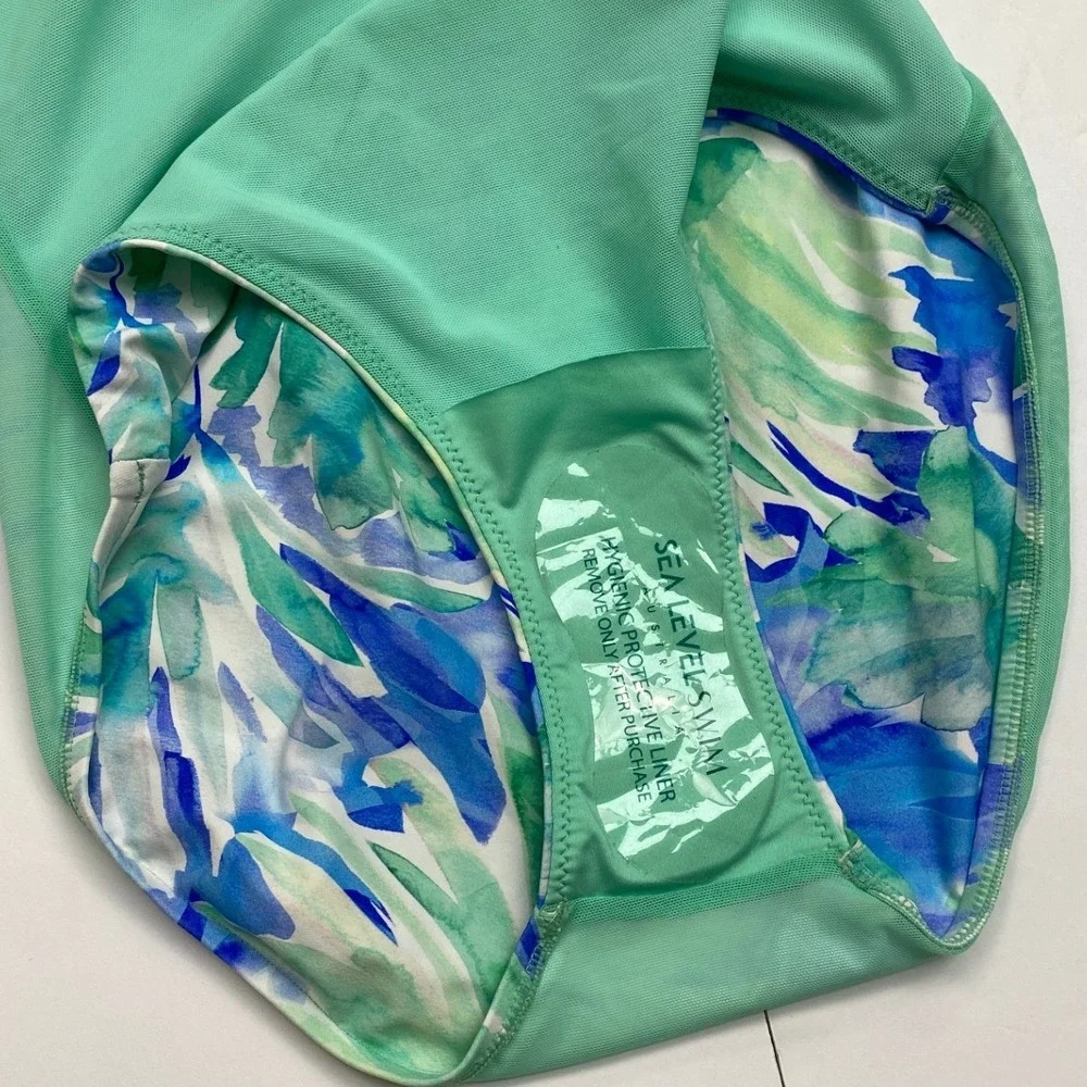 NWT, Sea Level Swim Tropical Palm V-neck Blue Green One Piece Swimsuit Size 4